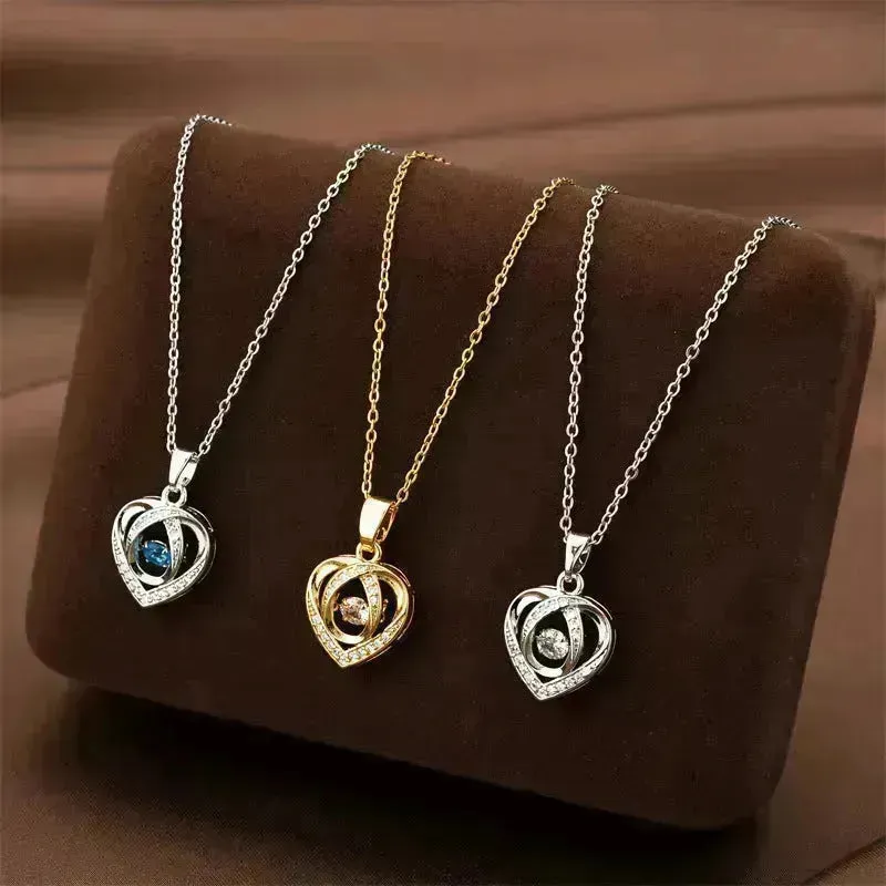 Fashion Dancing Love Necklace With Rhinestones Personality Creative Clavicle Chain Heart-shaped Necklace For Valentine's Day Gift