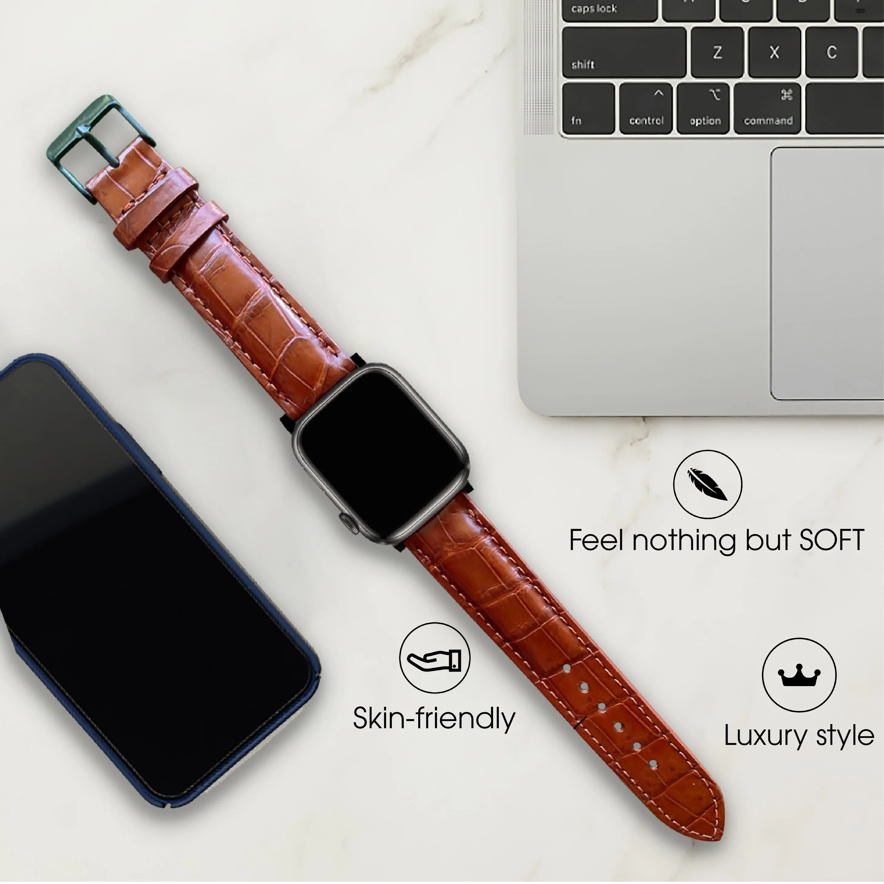 Light Brown Alligator Leather Strap for Apple Watch Ultra Series 8 7 6 5 4 3 SE | AW-06