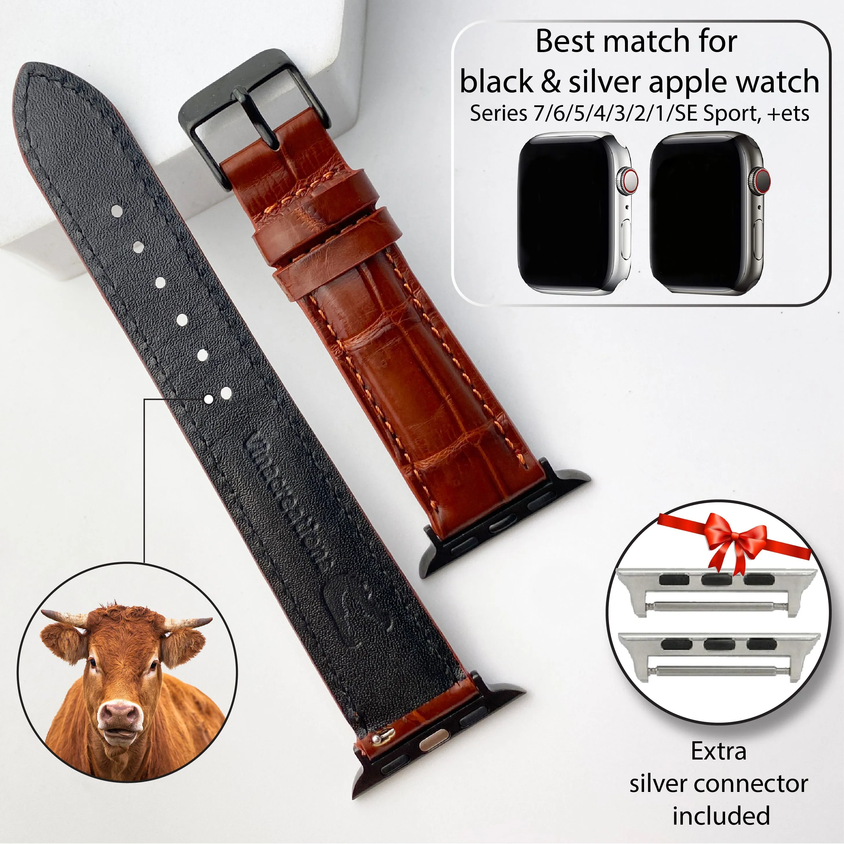 Light Brown Alligator Leather Strap for Apple Watch Ultra Series 8 7 6 5 4 3 SE | AW-06