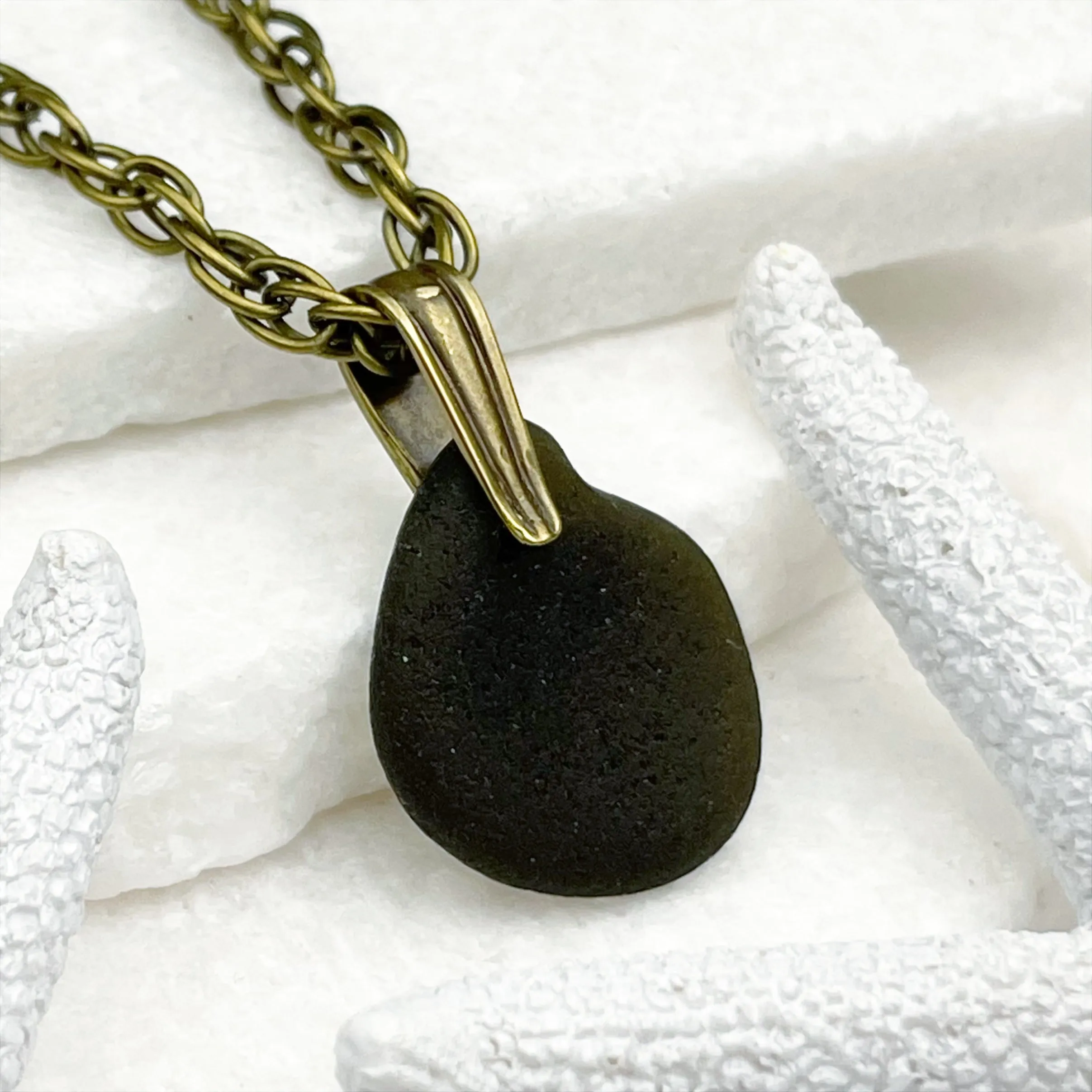Olive Black Sea Glass Pendant with Bronze Decorative Bail | #5048