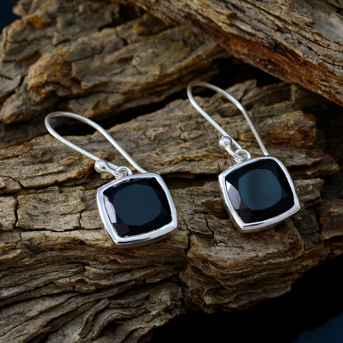 Riyo Genuine Gems Octogon Faceted Black Onyx Silver Earrings gift for christmas