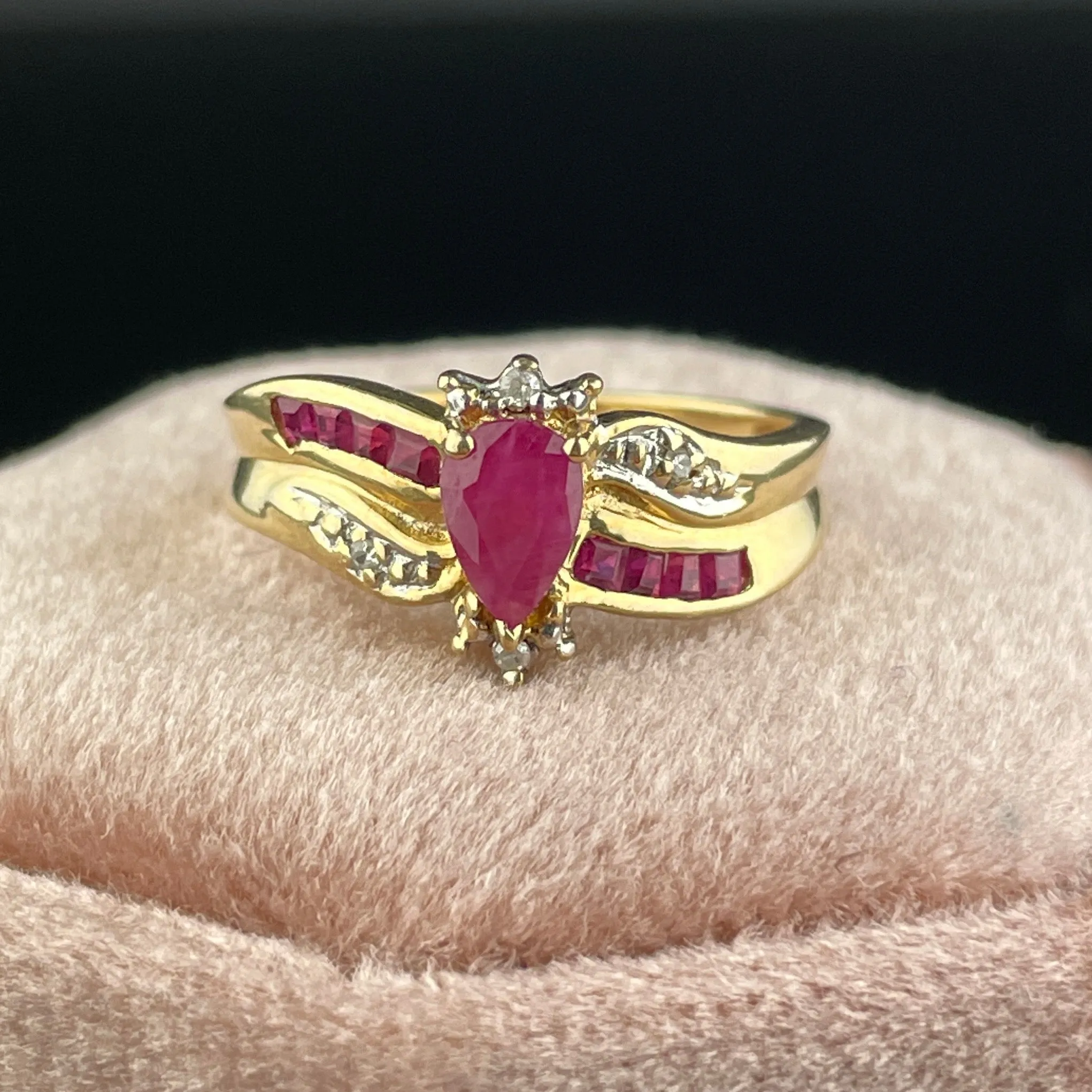 Vintage 10K Gold Diamond Ruby Wide Band Ring, Sz 5 1/2